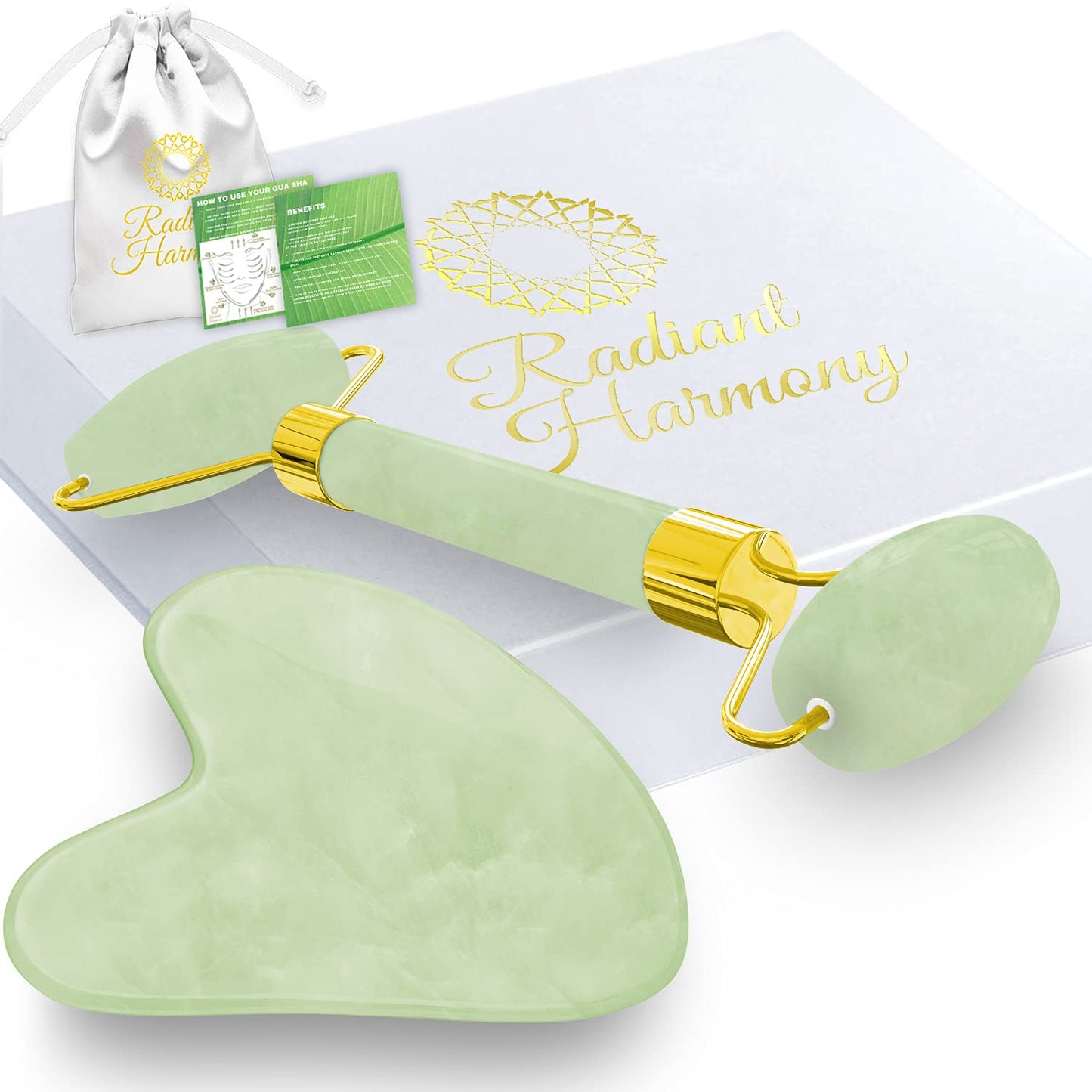 Radiant Harmony Gua Sha - Rose Quartz Gua Sha Facial Tools as Face Massager - Guasha Tool for Face Skin Care Tools - Easy to Use - Arrives in a Luxury Box & Bag with Guide - Gifts for Women Health & Beauty > Personal Care > Cosmetics > Cosmetic Tools > Skin Care Tools RADIANT HARMONY Light Jade Roller & Gua Sha  