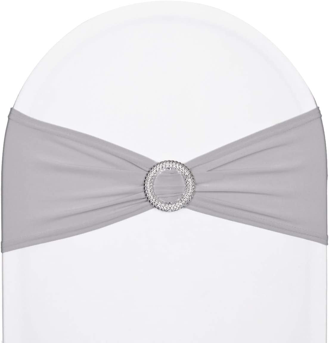 Sweeteasy 50Pcs Metallic Silver Spandex Chair Sashes, Durable Workmanship,Stretch Bows with Buckle Stretchable for Christmas Wedding Party Banquet Event Baby Shower Birthday Celebration Decoration Apparel & Accessories > Clothing Accessories > Sashes SweetEasy Silver 50PCS 