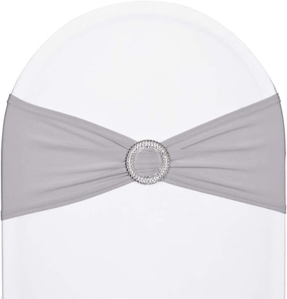 Sweeteasy 50Pcs Metallic Silver Spandex Chair Sashes, Durable Workmanship,Stretch Bows with Buckle Stretchable for Christmas Wedding Party Banquet Event Baby Shower Birthday Celebration Decoration Apparel & Accessories > Clothing Accessories > Sashes SweetEasy Silver 50PCS 