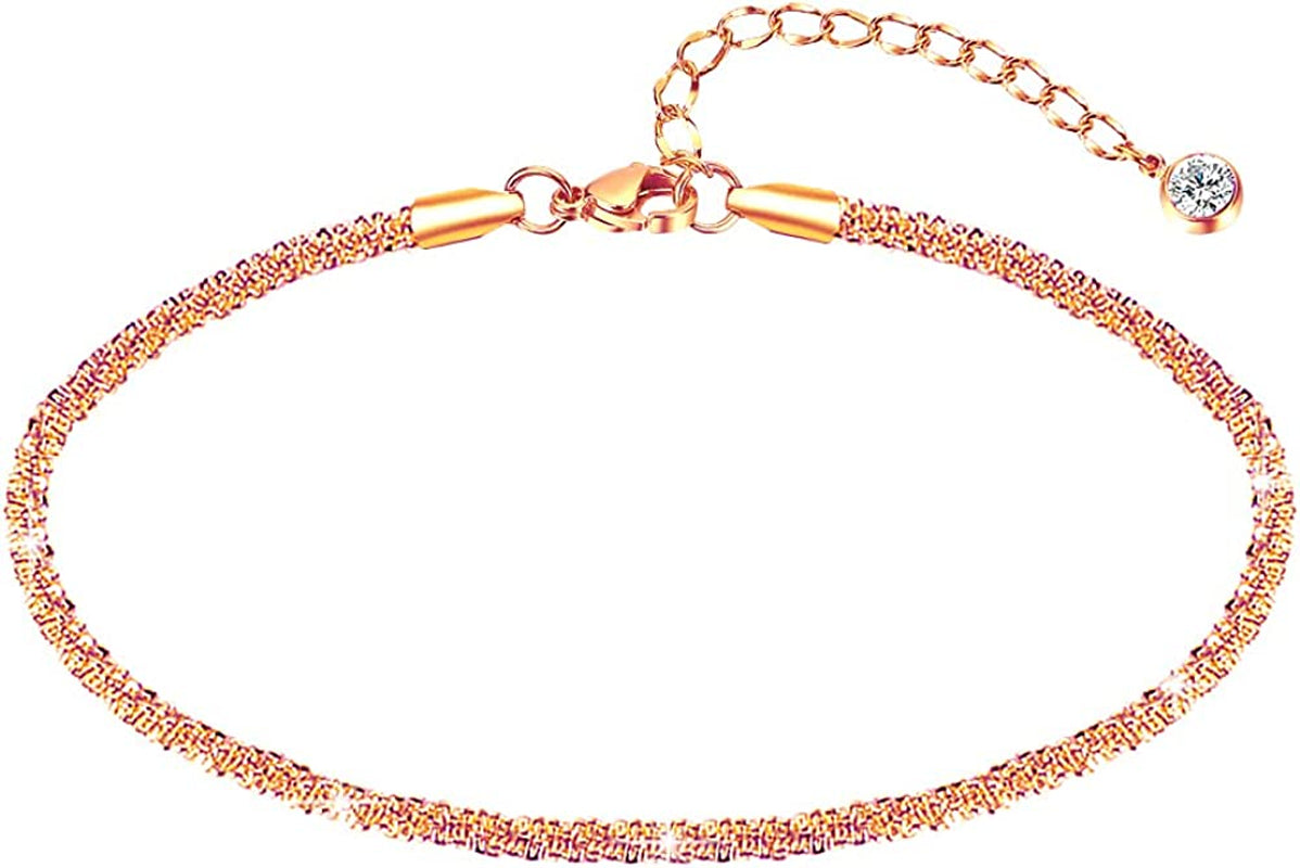 Sparkling Gold Anklet Bracelets for Women,Cute 18K Gold Plated Anklets for Women Teen Girls Large Ankles Apparel & Accessories > Jewelry > Anklets JYUEDA Rose Gold  