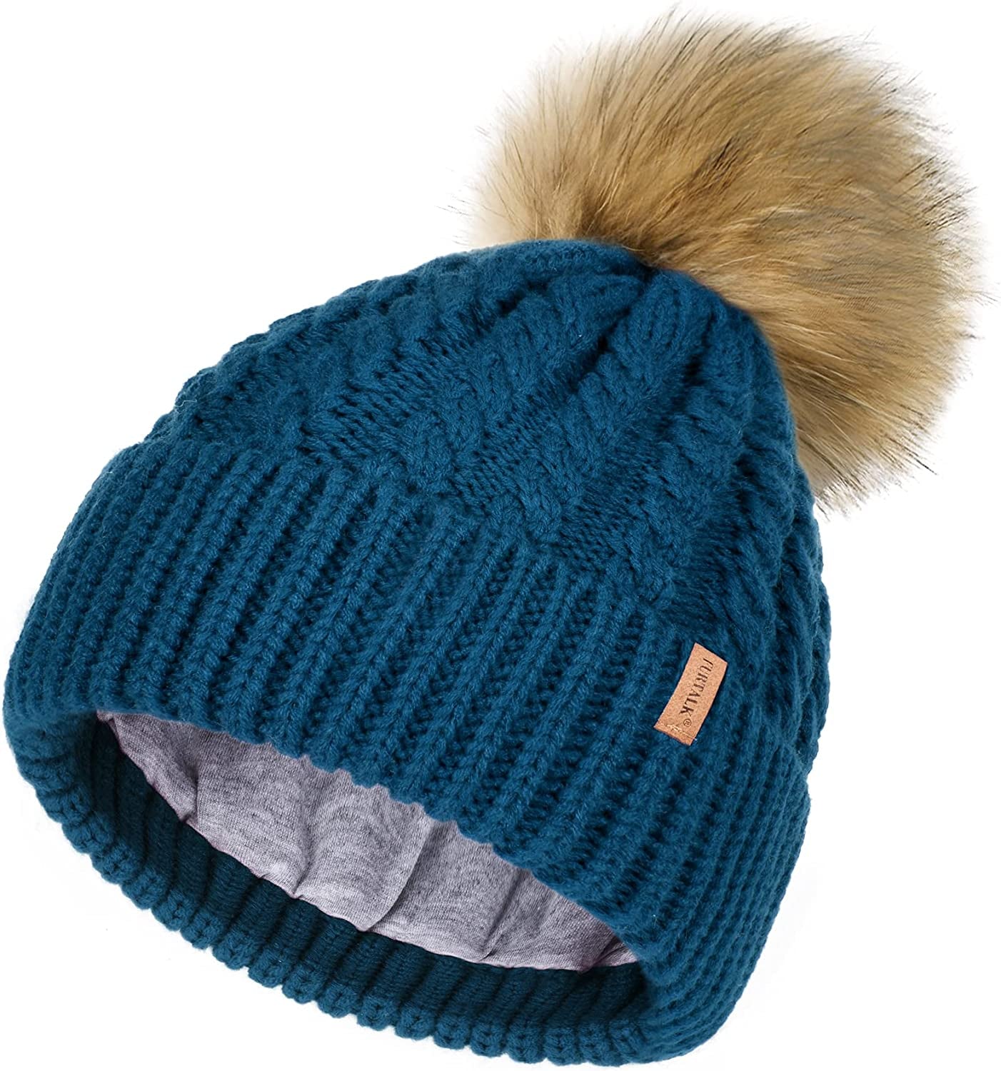 FURTALK Winter Beanie Hat for Women Cotton Lined Faux Fur Pom Pom Hats Womens Warm Thick Knit Skull Cap Apparel & Accessories > Clothing Accessories > Hats KYLIE MAX 28 Blue One Size 