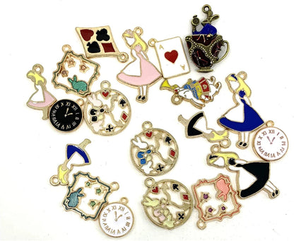 19PCS Assorted Gold Plated Enamel Alice in Wonderland Wreath Charm Pendant DIY for Necklace Bracelet Jewelry Making and Crafting