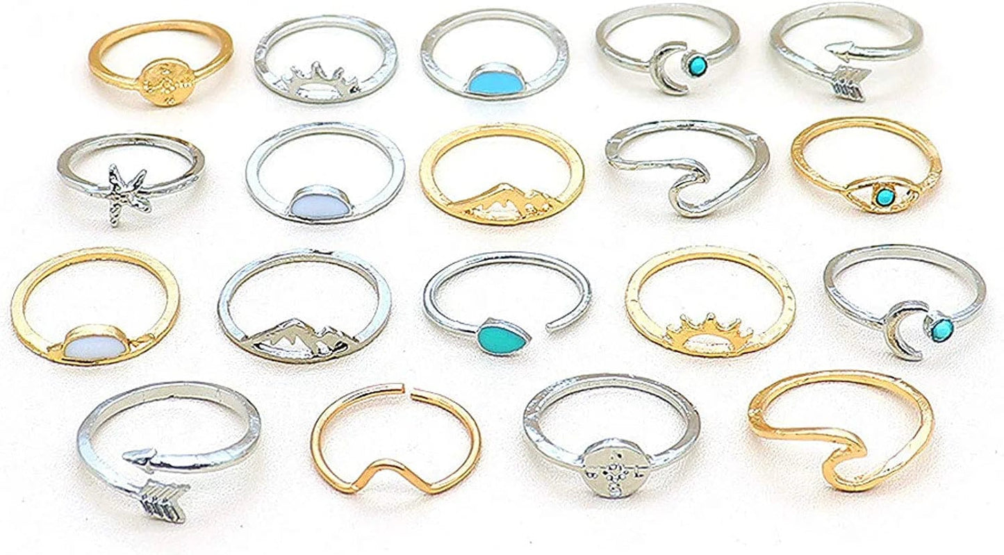 19PCS Boho Turquoise Knuckle Stacking Rings for Women Girls Vintage Stackable Star Moon Wave Peak Sea Rhinestone Joint Midi Finger Rings Set