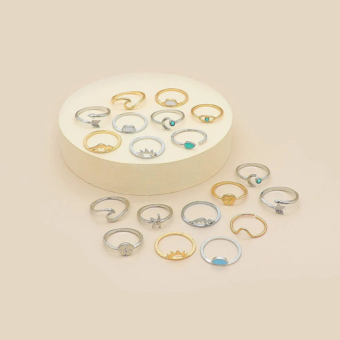 19PCS Boho Turquoise Knuckle Stacking Rings for Women Girls Vintage Stackable Star Moon Wave Peak Sea Rhinestone Joint Midi Finger Rings Set
