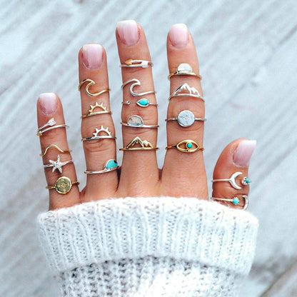 19PCS Boho Turquoise Knuckle Stacking Rings for Women Girls Vintage Stackable Star Moon Wave Peak Sea Rhinestone Joint Midi Finger Rings Set