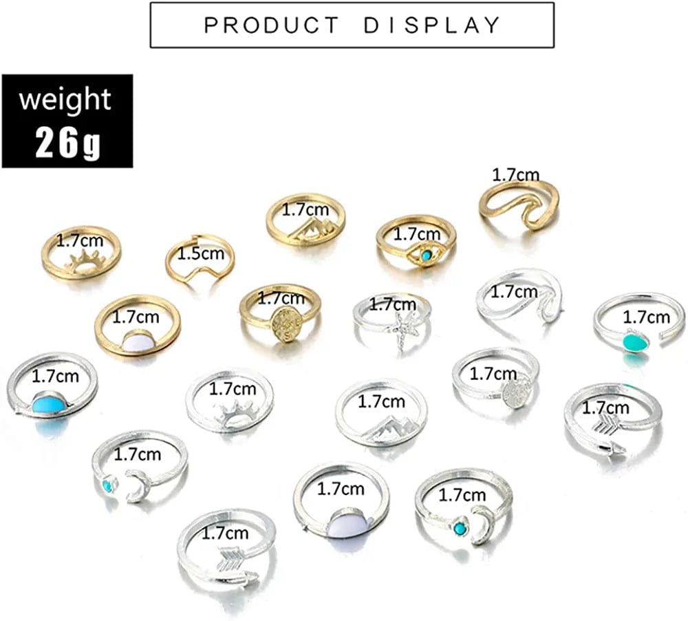 19PCS Boho Turquoise Knuckle Stacking Rings for Women Girls Vintage Stackable Star Moon Wave Peak Sea Rhinestone Joint Midi Finger Rings Set