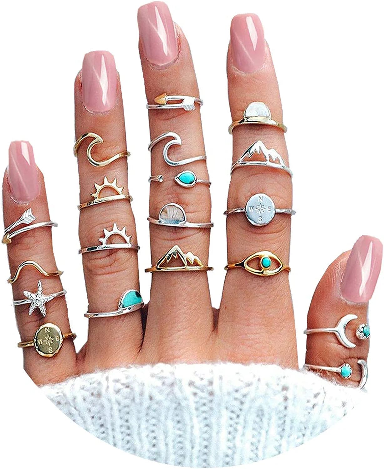 19PCS Boho Turquoise Knuckle Stacking Rings for Women Girls Vintage Stackable Star Moon Wave Peak Sea Rhinestone Joint Midi Finger Rings Set