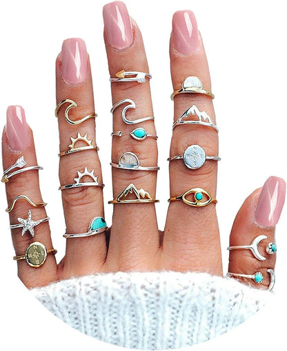 19PCS Boho Turquoise Knuckle Stacking Rings for Women Girls Vintage Stackable Star Moon Wave Peak Sea Rhinestone Joint Midi Finger Rings Set