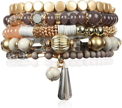 Bohemian Mix Bead Multi Layer Versatile Statement Bracelets - Stackable Beaded Strand Stretch Bangles Sparkly Crystal, Tassel Charm Apparel & Accessories > Jewelry > Bracelets RIAH FASHION Gray  