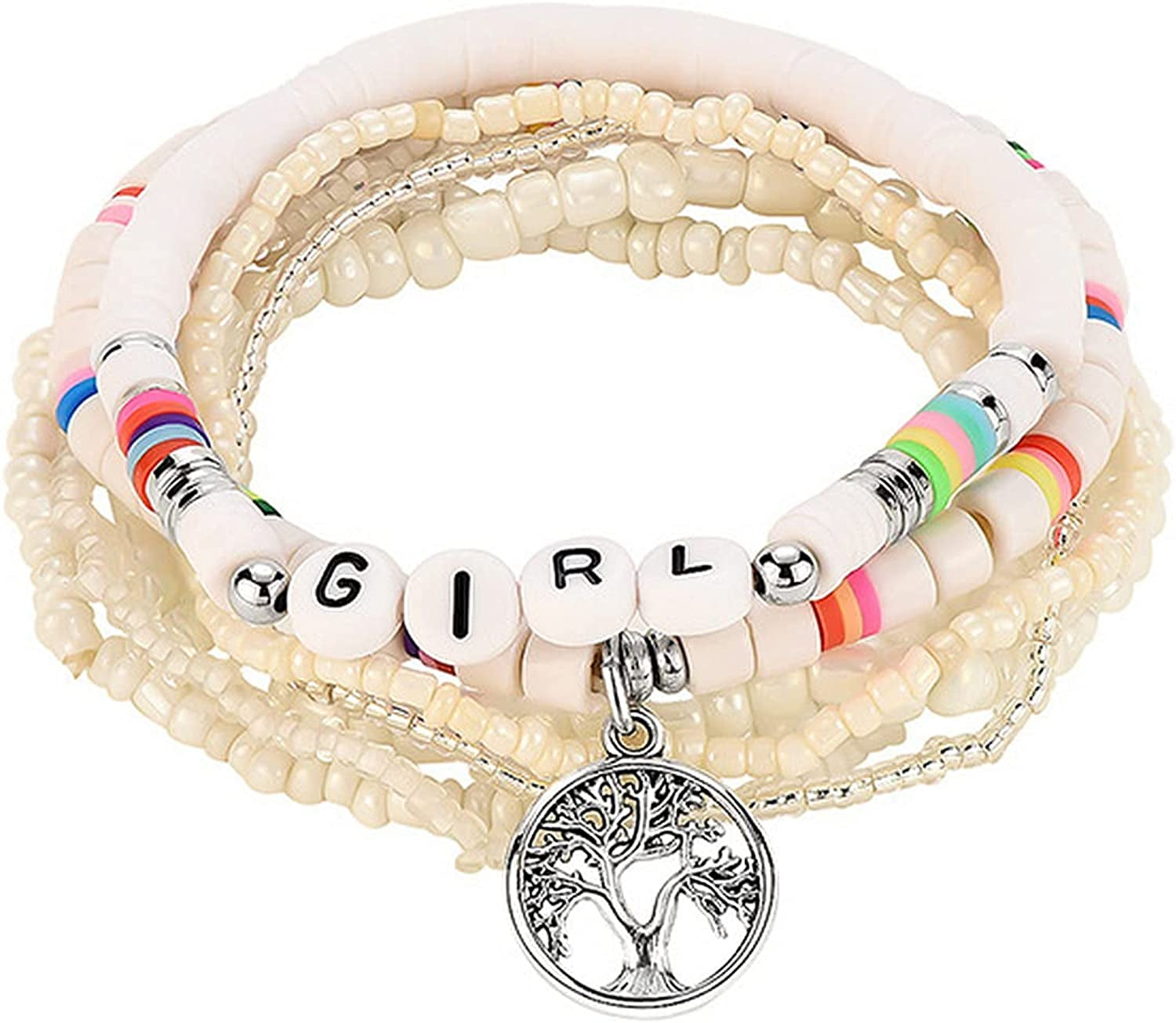 Mengpa Stackable Beaded Bracelets for Women Girls Bohemian Layering Strand Statement Jewelry Apparel & Accessories > Jewelry > Bracelets MengPa White-B  