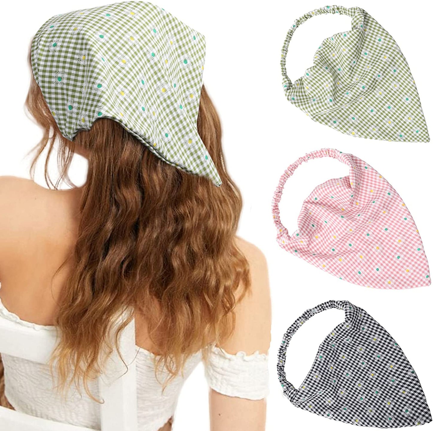 Floral Elastic Hair Scarf Headband - 3 PCS Chiffon Head Kerchief Headband Floral Hair Scarves with Hair Clips Hair Bandanas Apparel & Accessories > Clothing Accessories > Bandanas & Headties AWAYTR Plaid daisy(Black/Pink/Green)  