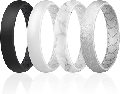 ROQ Silicone Wedding Bands for Women - Breathable Thin Inner Hearts Unique Design Womens Silicone Rubber Ring - Bridal Jewelry Set Anniversary Rings - U.S. Design Patent Pending Apparel & Accessories > Jewelry > Body Jewelry ROQ Black, White, Marble White with Black, Silver 10 - 10.5 (19.8mm) 