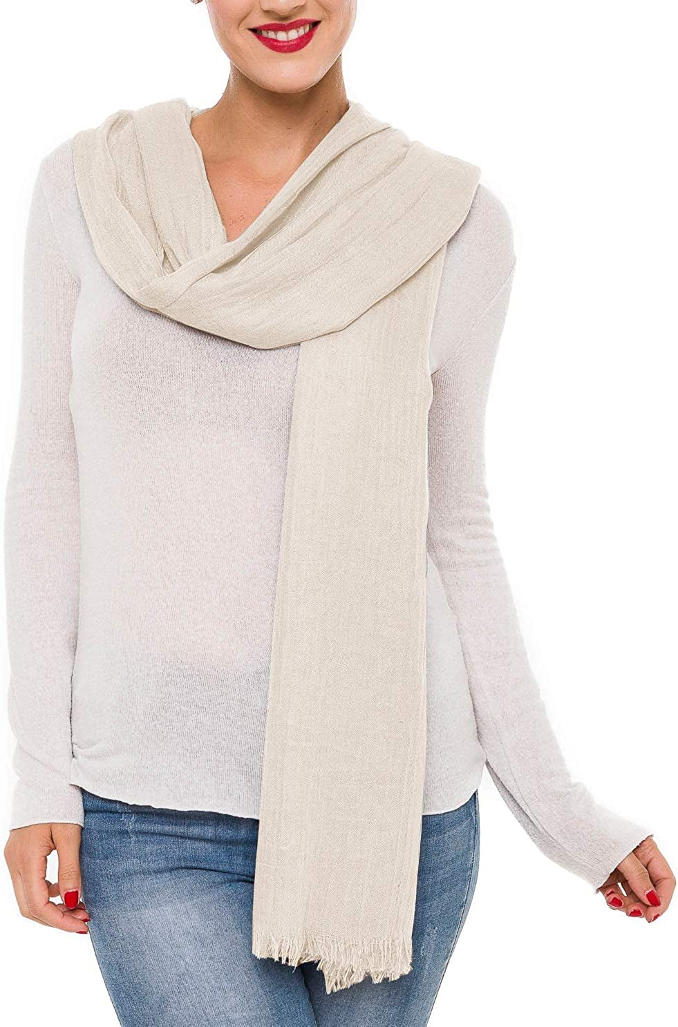 Scarfs for Women Fashion Lightweight Solid Colors Wrap Shawl for Fall Winter Apparel & Accessories > Clothing Accessories > Scarves & Shawls MIMOSITO 2 Fringed Edges, Off White  