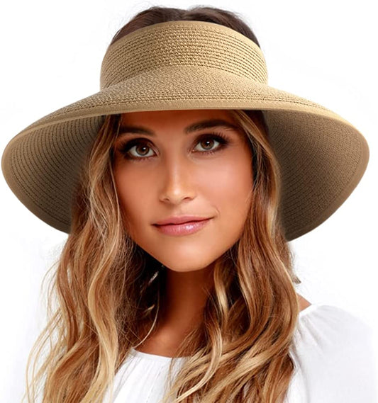 FURTALK Sun Visor Hats for Women Wide Brim Straw Roll up Ponytail Summer Beach Hat UV UPF Packable Foldable Travel Apparel & Accessories > Clothing Accessories > Hats KYLIE MAX 01-pure Khaki Medium 