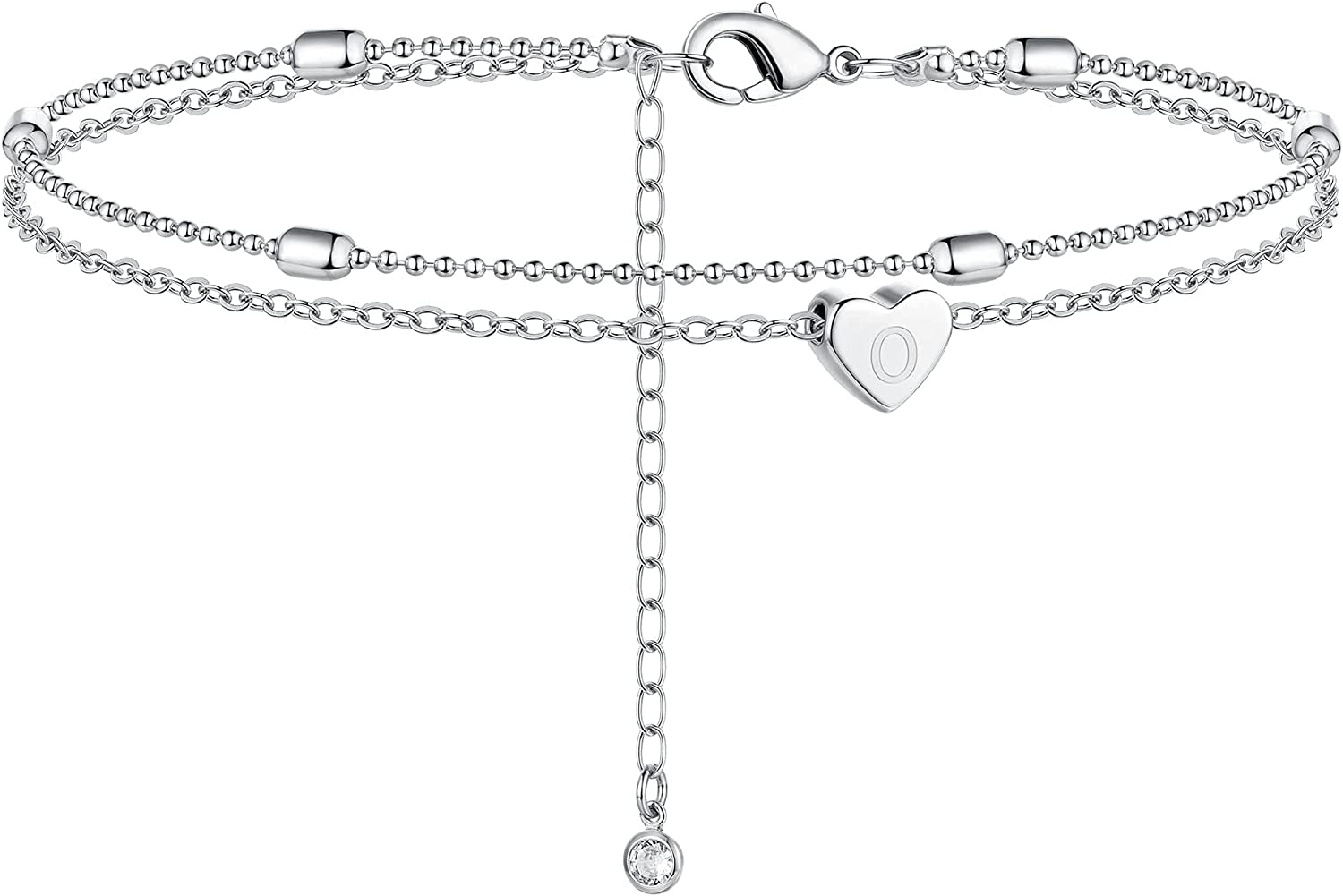 Moodear Silver Ankle Bracelets for Women, Sterling Silver Initial Anklet Layered Dainty Tiny Heart Charm Handmade Carved Alphabet A-Z Letter Ankle Bracelet Beaded Foot Chain Personalized Name Anklets Summer Cute Boho Beach Gift for Her Apparel & Accessories > Jewelry > Anklets Moodear Sterling Silver-O  