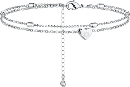 Moodear Silver Ankle Bracelets for Women, Sterling Silver Initial Anklet Layered Dainty Tiny Heart Charm Handmade Carved Alphabet A-Z Letter Ankle Bracelet Beaded Foot Chain Personalized Name Anklets Summer Cute Boho Beach Gift for Her Apparel & Accessories > Jewelry > Anklets Moodear Sterling Silver-O  