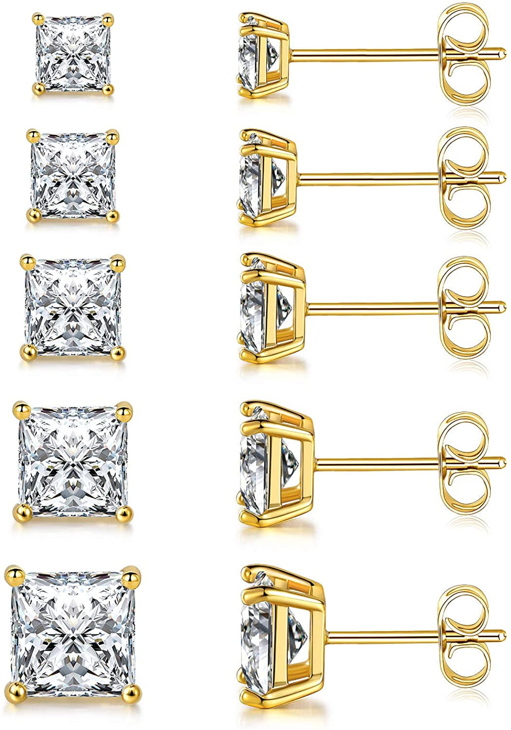 MDFUN 18K White Gold Plated Princess Cut Clear Cubic Zirconia Stud Earring Pack of 5 Pairs Apparel & Accessories > Jewelry > Earrings MDFUN B-Gold Plated  
