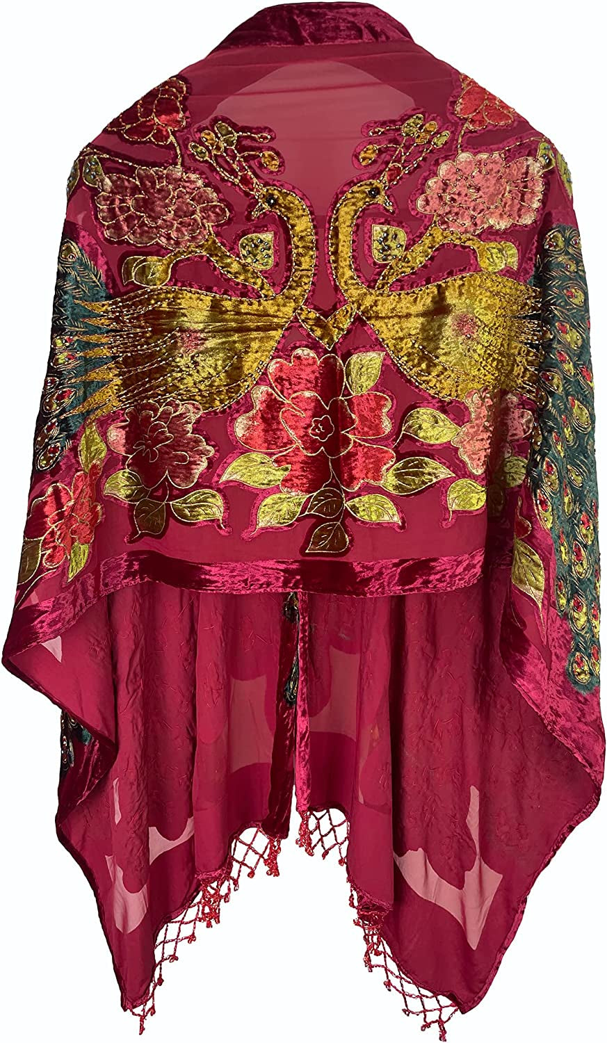 Peacock Velvet Shawl with Fringe Beaded Shawl for Women Peacock Scarf Handmade Beading Indian Wraps for Women with Tassel Apparel & Accessories > Clothing Accessories > Scarves & Shawls DQSSYTTX Red  