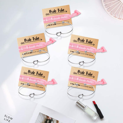 Bridesmaid Bracelets-Ikooo 5 Pcs Love Knot Open Bangle with Bride Tribe Hair Tie for Best Friend, BFF of the Bride Wedding Gift Apparel & Accessories > Jewelry > Bracelets MOOKOO   