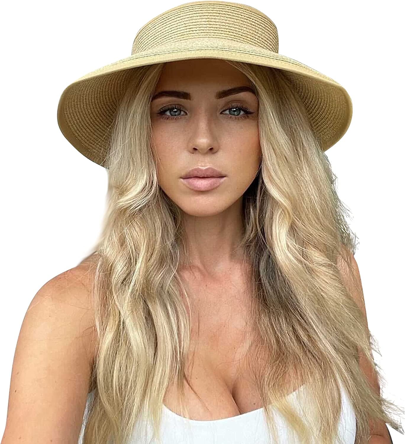 Lanzom Women Packable Hat Sun Visor Hats Wide Brim Straw Roll up Ponytail Summer Beach Hat UPF 50 Apparel & Accessories > Clothing Accessories > Hats Lanzom   