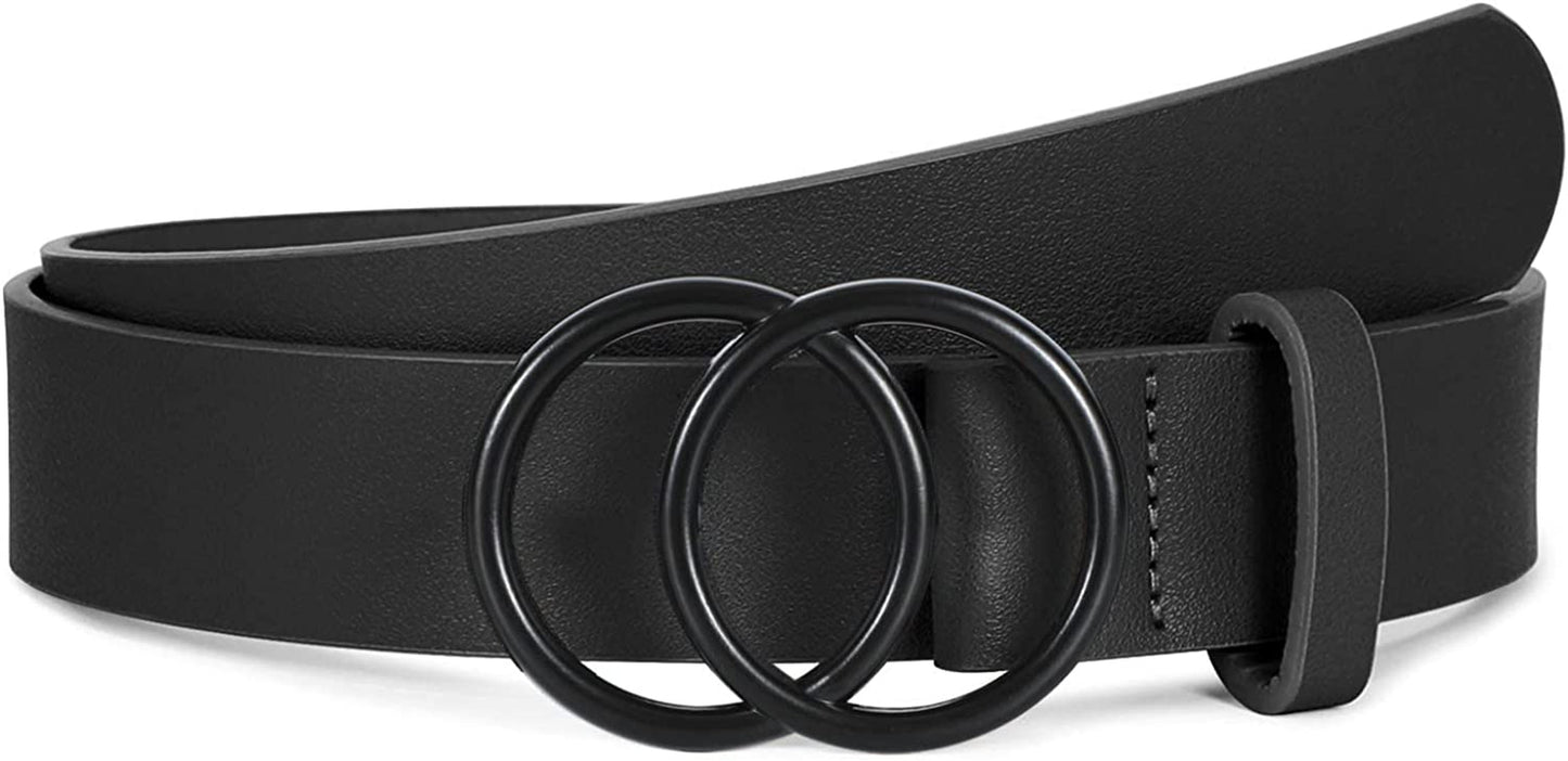 Women Leather Belt Fashion Double O-Ring Soft Faux Leather Waist Belts for Jeans Dress Apparel & Accessories > Clothing Accessories > Belts SUOSDEY C-black/Black Fixed Buckle XL: 41''-45'' Waist Size 