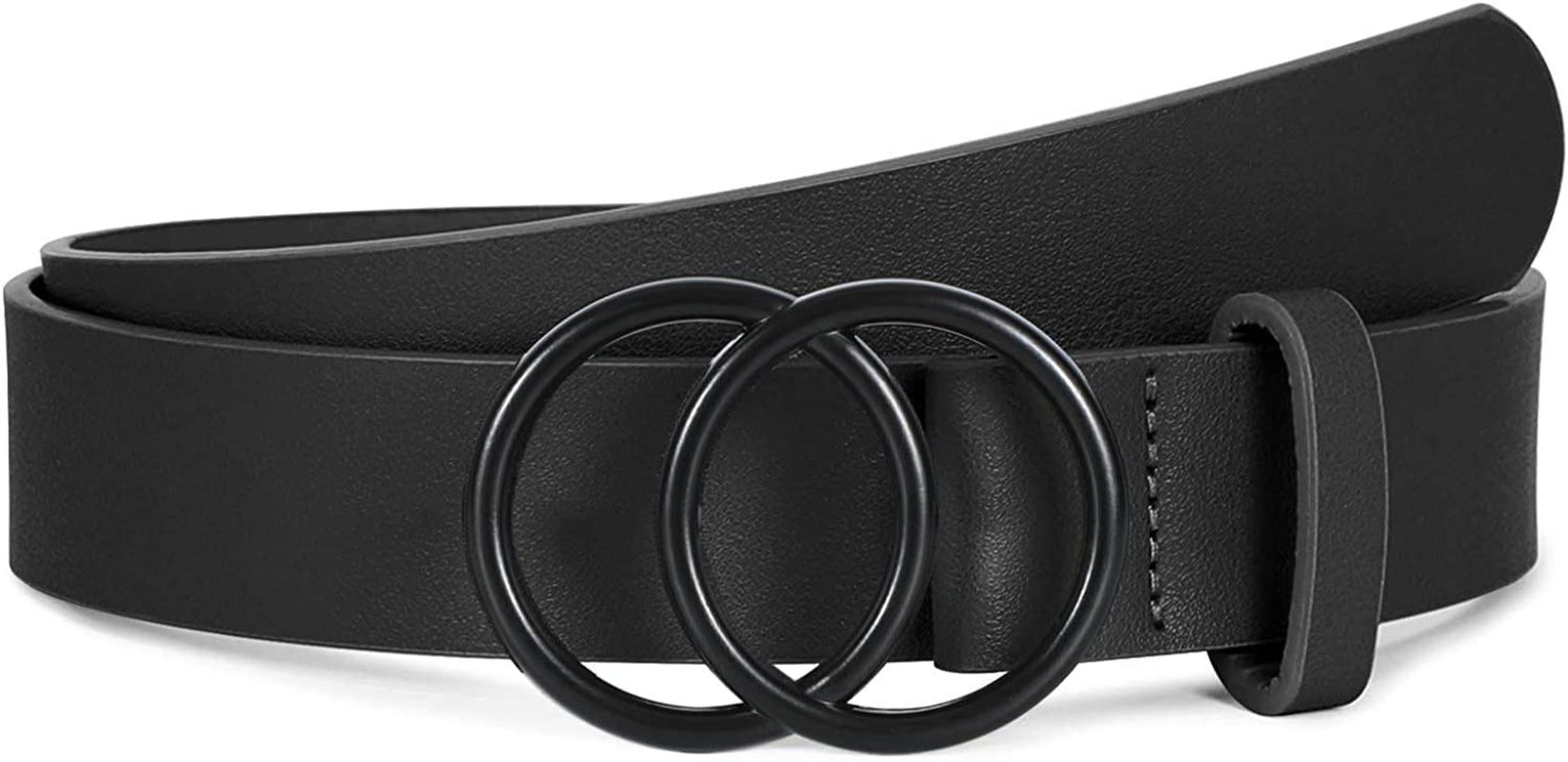 Women Leather Belt Fashion Double O-Ring Soft Faux Leather Waist Belts for Jeans Dress Apparel & Accessories > Clothing Accessories > Belts SUOSDEY C-black/Black Fixed Buckle XL: 41''-45'' Waist Size 
