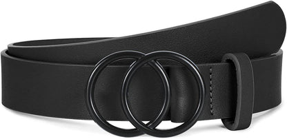 Women Leather Belt Fashion Double O-Ring Soft Faux Leather Waist Belts for Jeans Dress Apparel & Accessories > Clothing Accessories > Belts SUOSDEY C-black/Black Fixed Buckle XL: 41''-45'' Waist Size 