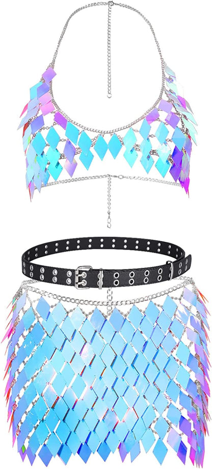 Sequins Tassels Body Chain Gold Bra Skirts Set Sexy Bikini Rave Festival Party Beach Fashion Accessories Jewelry for Women and Girls Apparel & Accessories > Jewelry > Body Jewelry DOTASI Blue  