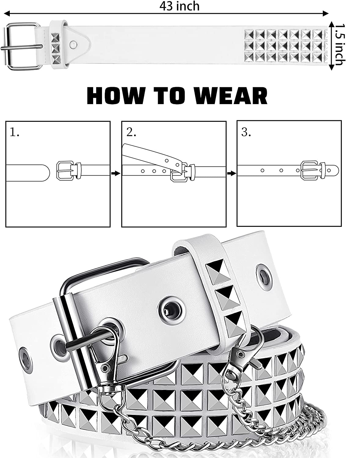 Studded Belts Punk Rock Belts for Women Threads Goth Pyramid Pu Leather Belts with Chains for Gothic Clothing Accessories Apparel & Accessories > Clothing Accessories > Belts Geyoga   