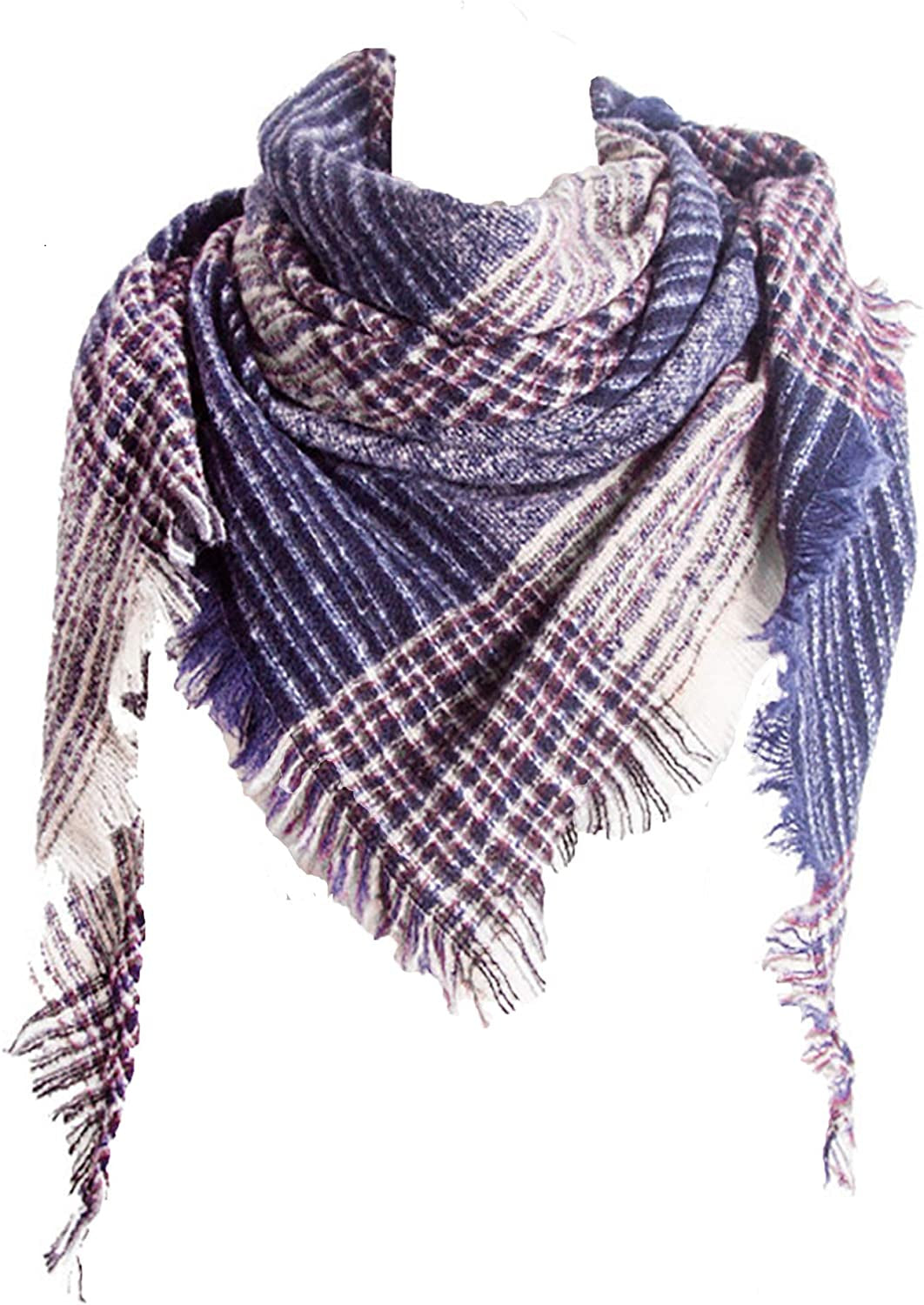 Wander Agio Womens Warm Scarf Triangle Shawls Winter Scarves Stripe Plaid Fichu Rough Surface Apparel & Accessories > Clothing Accessories > Scarves & Shawls Wander Agio Plaid Dark Blue 27  