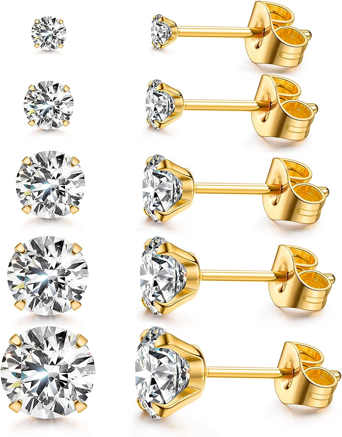 Women'S 14K Gold Plated CZ Stud Earrings Simulated Diamond round Cubic Zirconia Ear Stud Set（5 Pairs) Apparel & Accessories > Jewelry > Earrings Kainier (B)Gold  