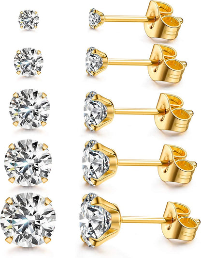 Women'S 14K Gold Plated CZ Stud Earrings Simulated Diamond round Cubic Zirconia Ear Stud Set（5 Pairs) Apparel & Accessories > Jewelry > Earrings Kainier (B)Gold  