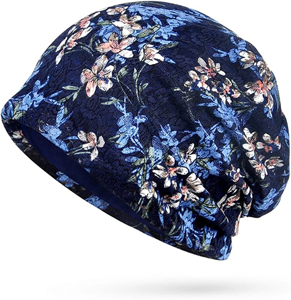 Glamorstar Floral Lace Beanie Hat Chemo Cap Stretch Slouchy Turban Headwear Apparel & Accessories > Clothing Accessories > Headwear Glamorstar Flowers Sapphire One Size 