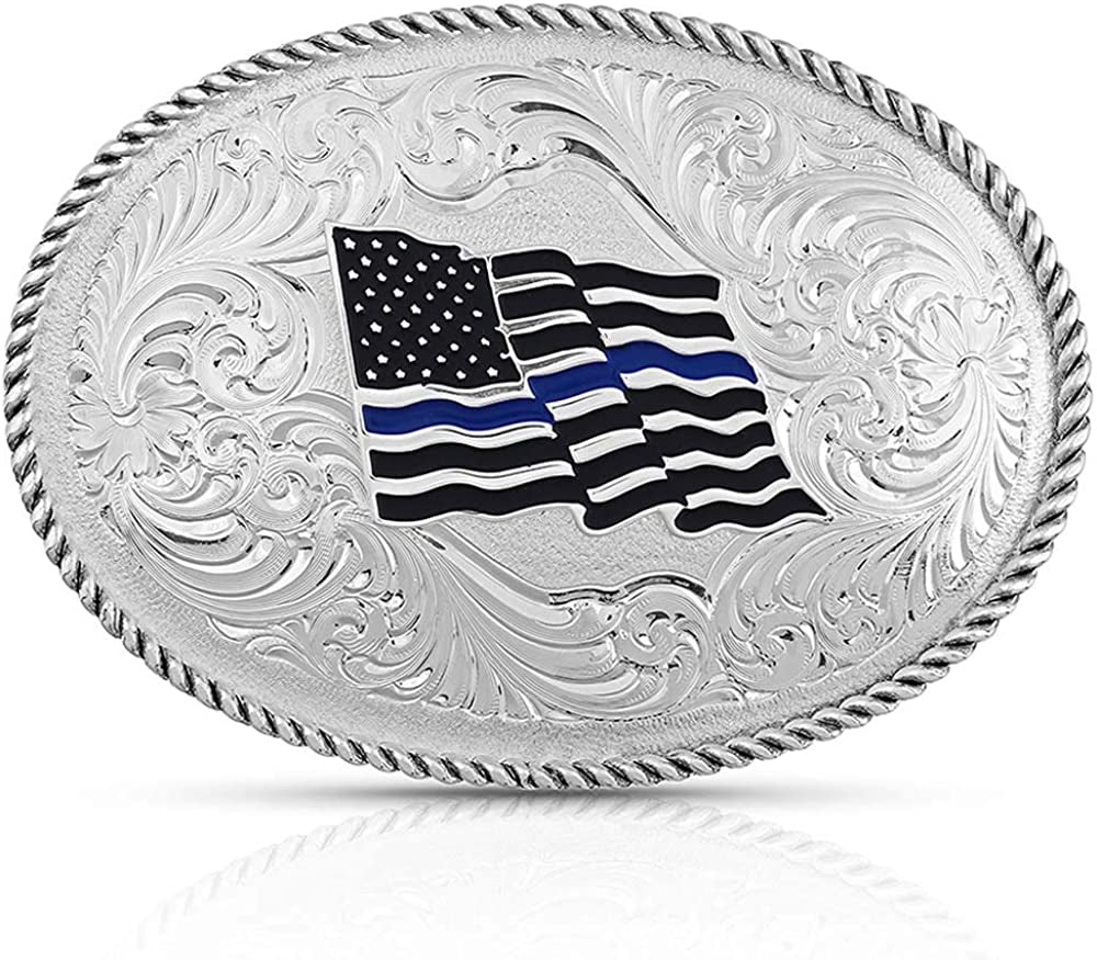 Montana Silversmiths Rope Trimmed Filigree Engraved Classic Western Buckle Apparel & Accessories > Clothing Accessories > Belt Buckles Montana Silversmiths Law Enforcement Thin Blue Line Silver  