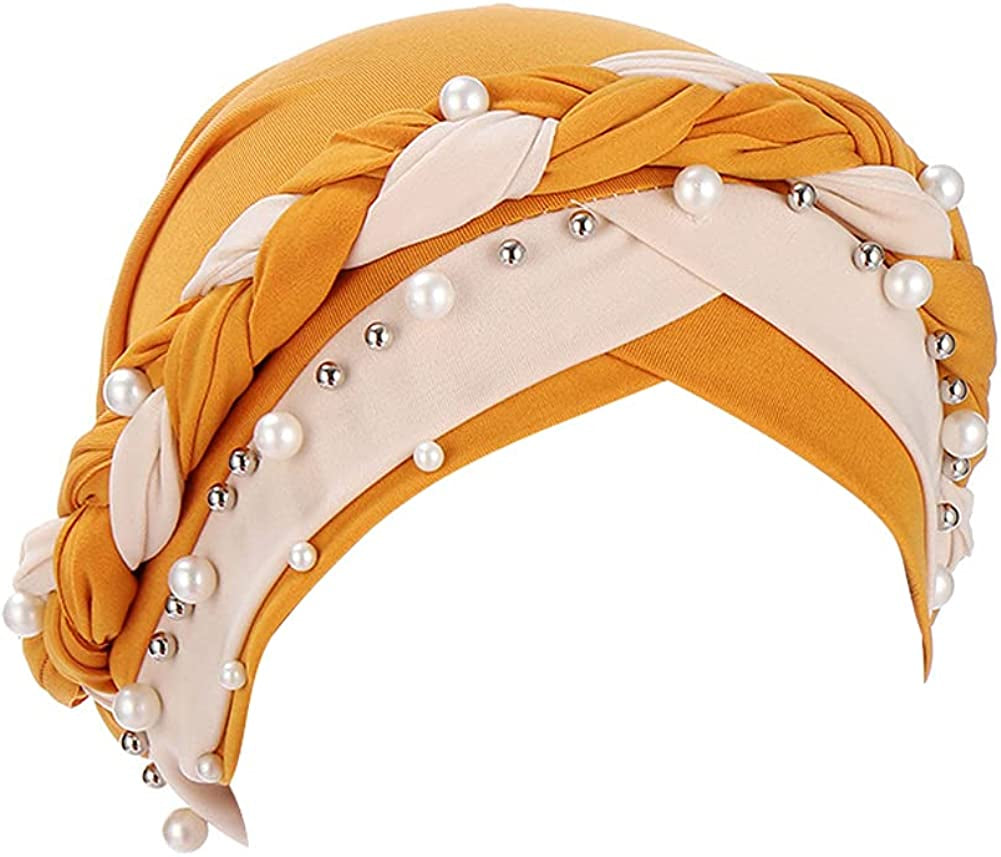 Fxhixiy Women Hijab Beading Pearl Braid Turban Hat Head Scarf Cancer Chemo Beanies Bandana Headwrap Cap Apparel & Accessories > Clothing Accessories > Headwear Fxhixiy Yellow Beige  