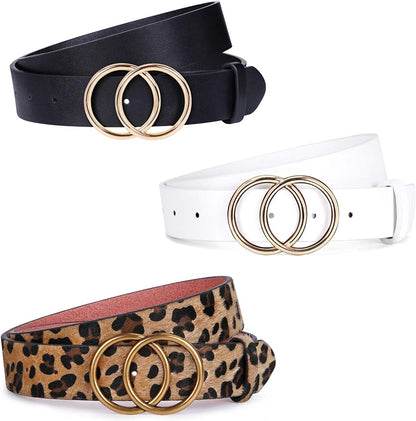 JASGOOD 3 Pack Women Leather Belt for Jeans Pants, Ladies Waist Belts with Double O-Ring Buckle Apparel & Accessories > Clothing Accessories > Belts KYLIE MAX G-black+leopard+white Fit Pants Size 28"-33" 