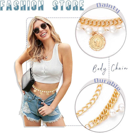 Pearl Tassel Belly Chain Retro Gold Coin Adjustable Chunky Body Chains Layered Nightclub Waist Chain Jewelry for Women & Girls, One Size Apparel & Accessories > Jewelry > Body Jewelry Generic   