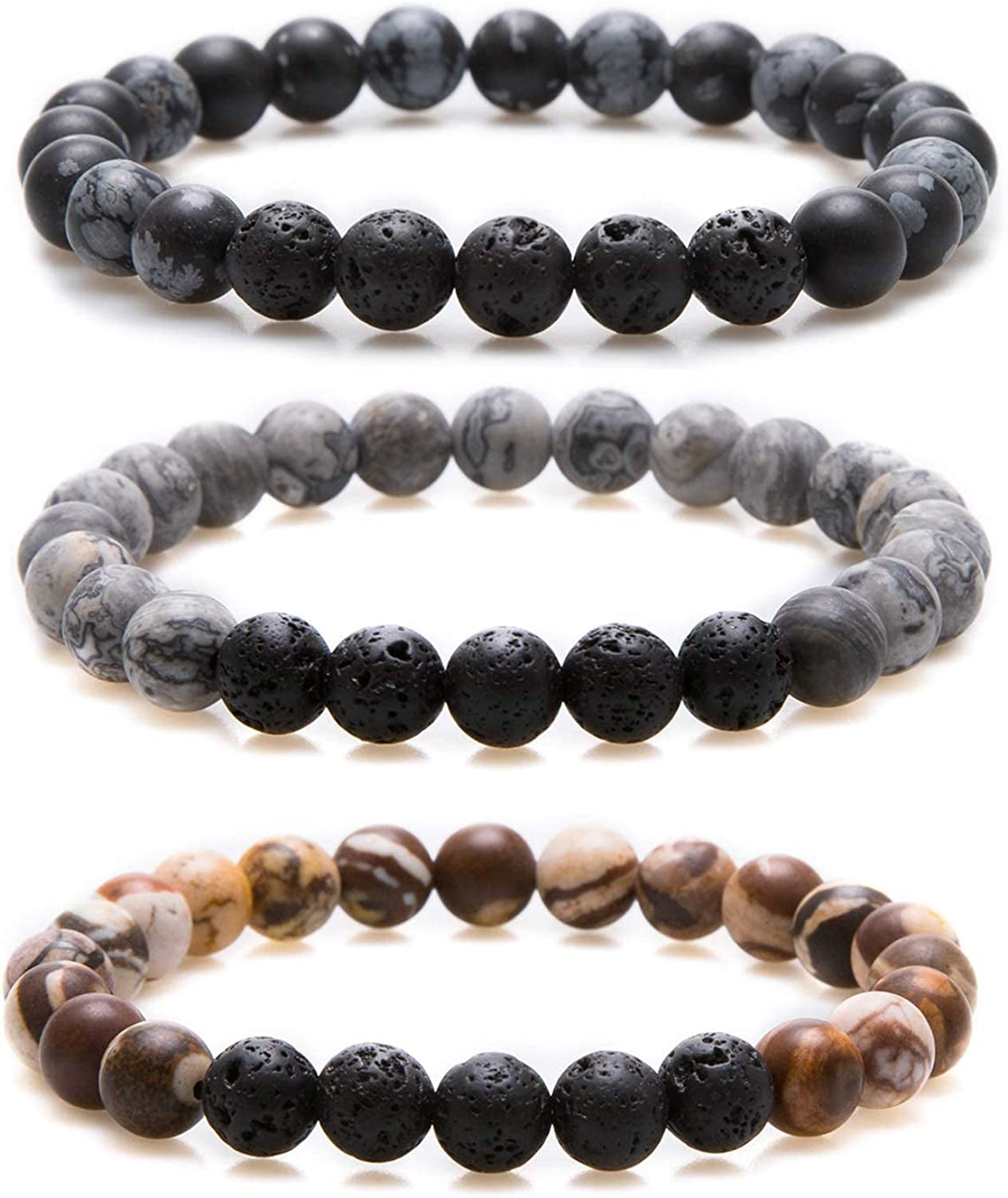 Bivei Natural Gem Semi Precious Reiki Healing Crystals Handmade 8Mm round Beads Stretch Bracelet Apparel & Accessories > Jewelry > Bracelets Bivei 3pcs Set(frosted Snowflake/Picasso/Zebra Stone With Lava Stone)  
