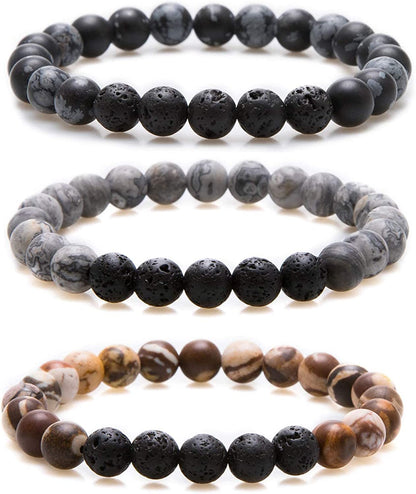 Bivei Natural Gem Semi Precious Reiki Healing Crystals Handmade 8Mm round Beads Stretch Bracelet Apparel & Accessories > Jewelry > Bracelets Bivei 3pcs Set(frosted Snowflake/Picasso/Zebra Stone With Lava Stone)  