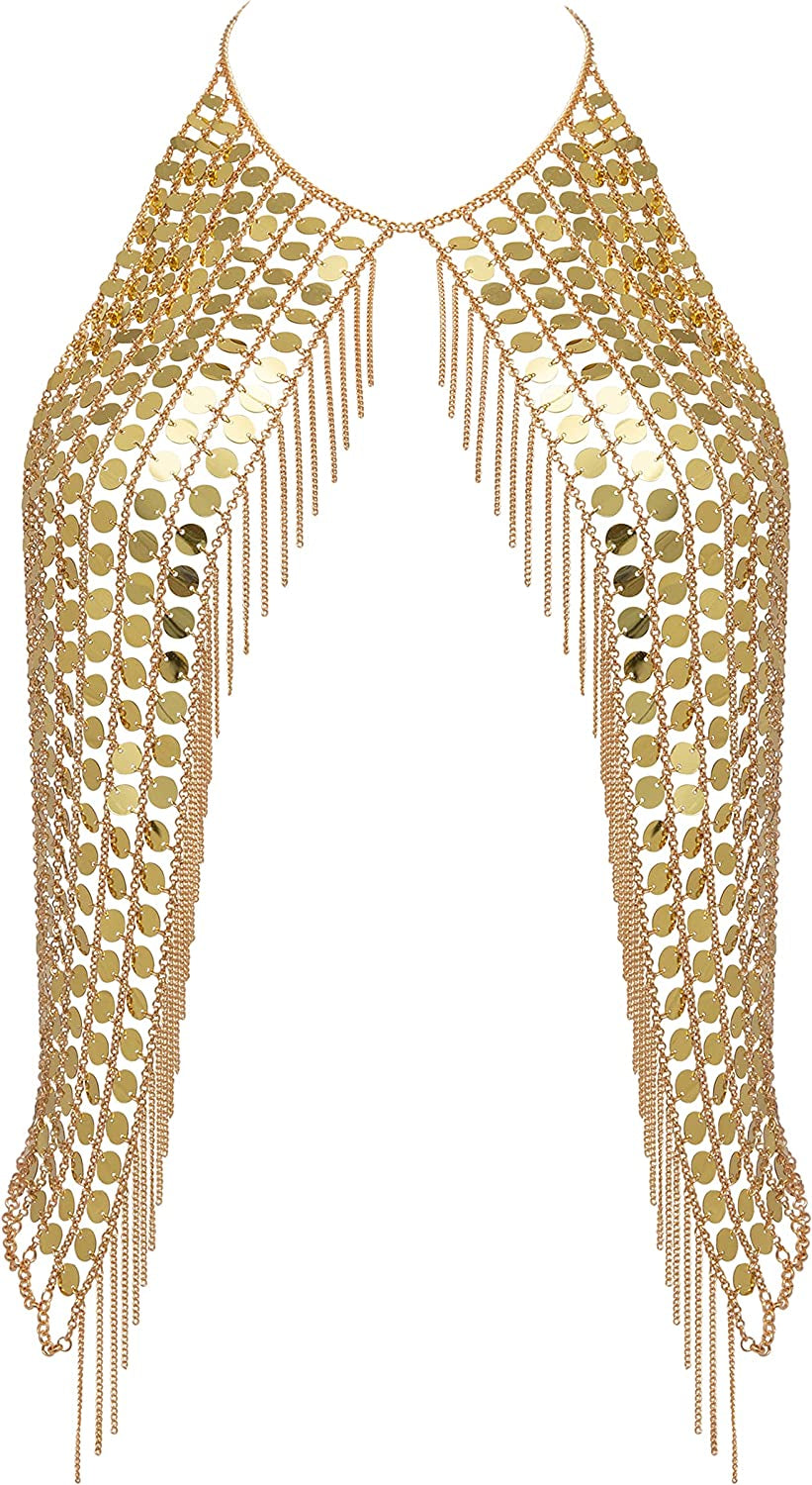 Ingemark Harness Waist Bikini Chain Shirt Bra Body Chain Outfits Bralette for Women Gold Silver Sequin Halter Backless Tank Top Bra Apparel & Accessories > Jewelry > Body Jewelry ZLZL Golden Acrylic Sequin  