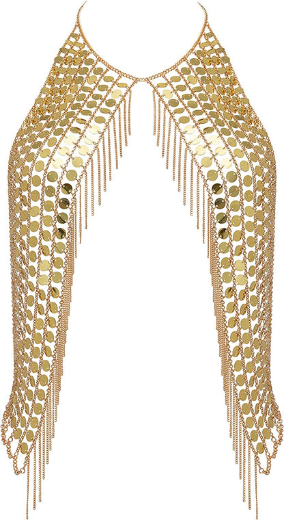 Ingemark Harness Waist Bikini Chain Shirt Bra Body Chain Outfits Bralette for Women Gold Silver Sequin Halter Backless Tank Top Bra Apparel & Accessories > Jewelry > Body Jewelry ZLZL Golden Acrylic Sequin  