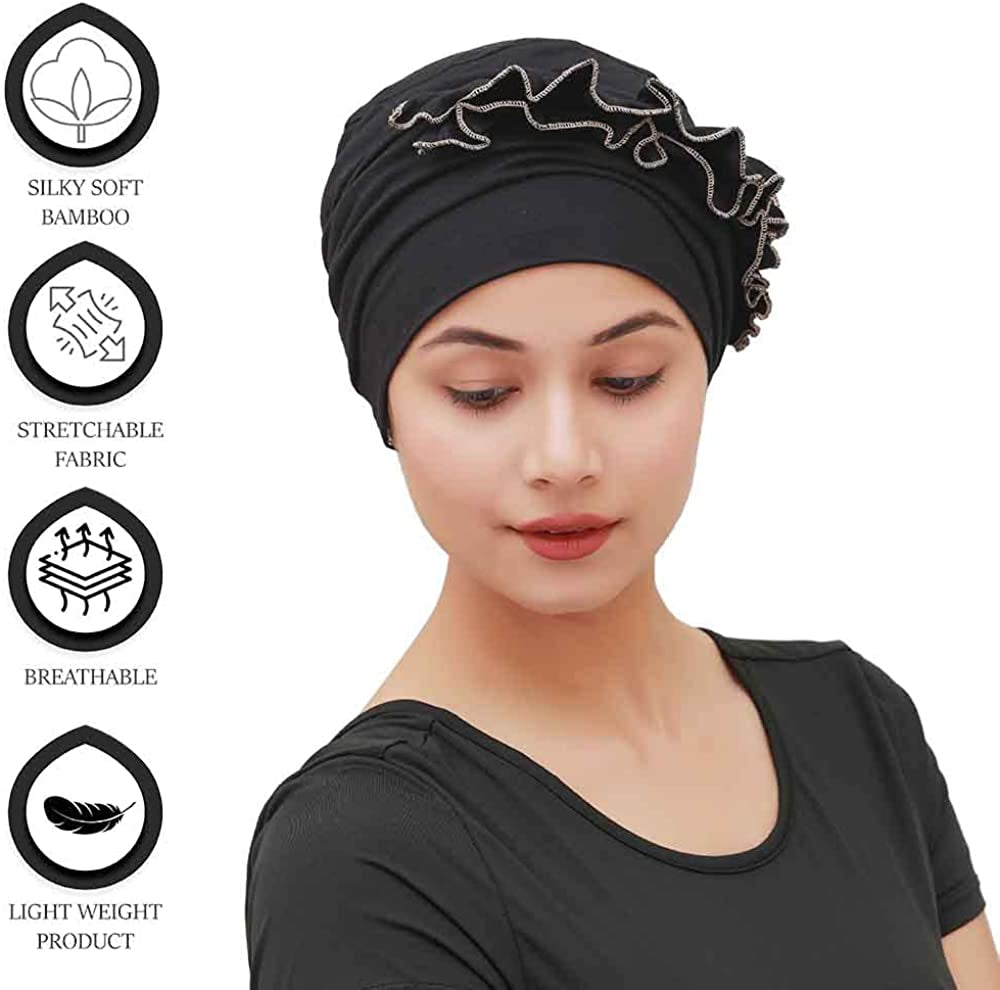 SAKUCHI Women Chemo 2 Piece Ruffle Cap & Band for Cancer Hair Loss Women Silky Soft Bamboo Headwear (2 Piece) Apparel & Accessories > Clothing Accessories > Headwear SAKUCHI   