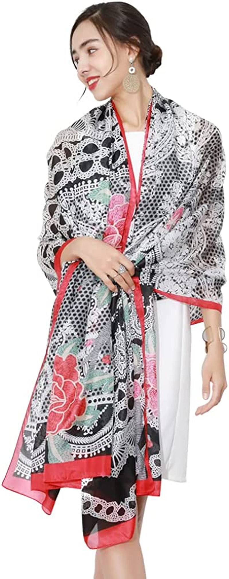 DANA XU Long Silk Fashion Oblong Floral Oversize Soft Scarf Wedding Shawls Beach Wraps Bandana Scarves for Women Apparel & Accessories > Clothing Accessories > Scarves & Shawls DANA XU 40 Red&black  
