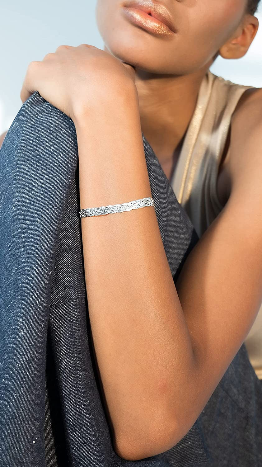 Miabella 925 Sterling Silver Italian 6-Strand Diamond-Cut 7Mm Braided Herringbone Chain Bracelet for Women Teen Girls, 925 Italy Apparel & Accessories > Jewelry > Bracelets Miabella   