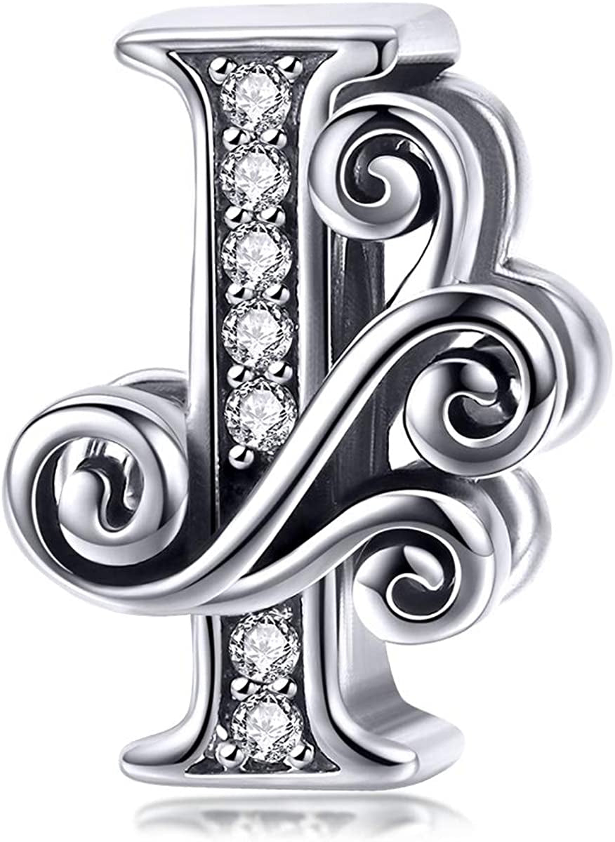 Solid 925 Sterling Silver with Cubic Stones, Complete A~Z Gift Options Alphabet Charm Letter Beads Fit Pandora European Bracelets Apparel & Accessories > Jewelry > Bracelets ABAOLALA ALPHABET I  
