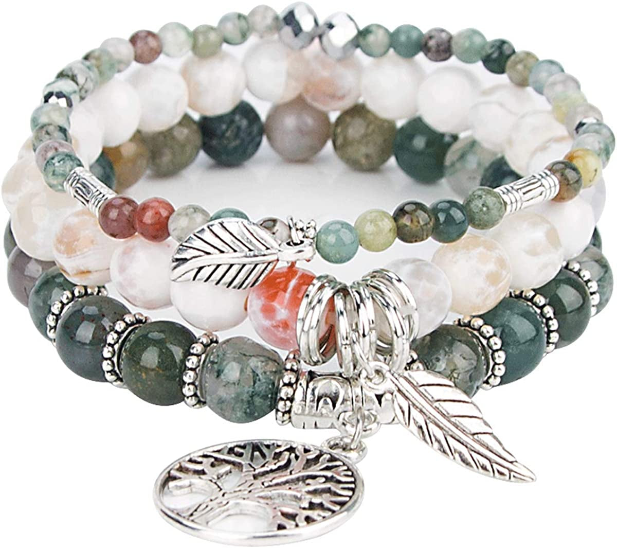Tree of Life Turquoise Jasper & Tibetan Agate Gemstone Chakra Beaded Bracelet | Beach Charm Bracelet Set - Ocean Jewelry…… Apparel & Accessories > Jewelry > Bracelets Jardme Indian Agate  