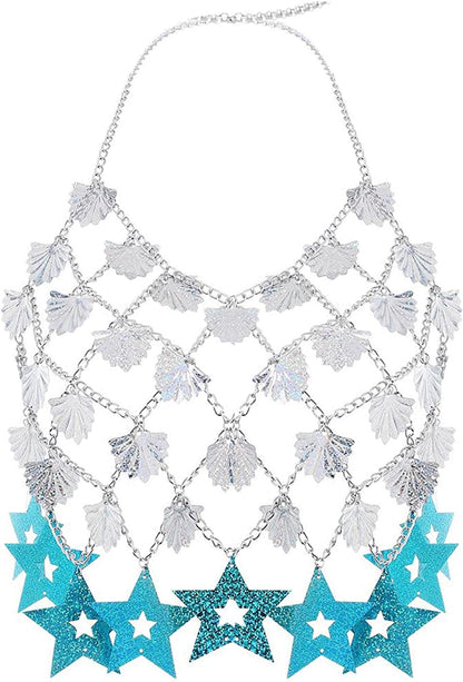 Sexy Body Chain Bikini Silver Tassel Star Sequins Bra Halter Backless Crop Top Shell Beach Party Chest Chains Jewelry for Women Apparel & Accessories > Jewelry > Body Jewelry China   