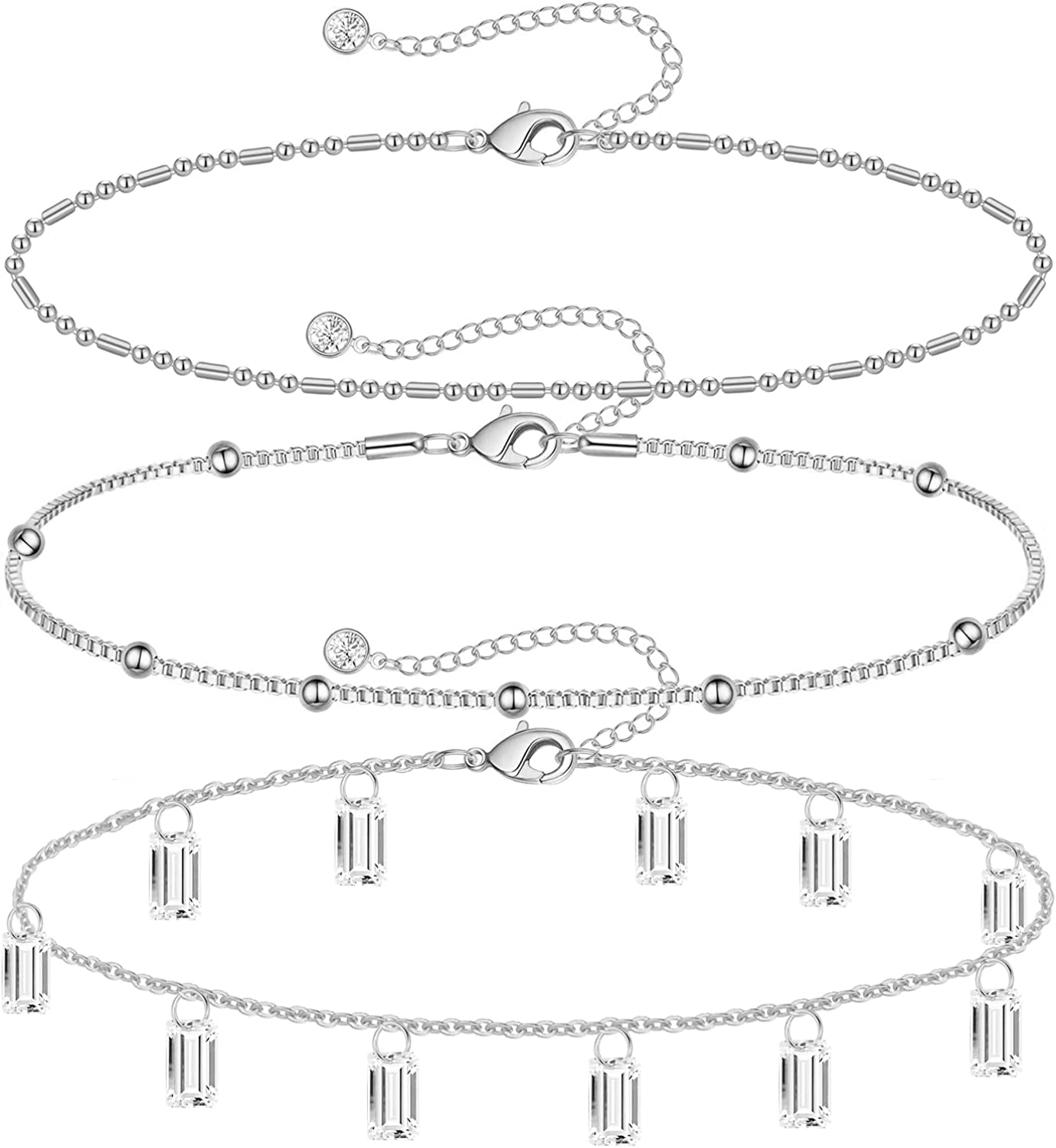 Gold Ankle Bracelets for Women 14K Gold Plated Anklet Silver Evil Eye Butterfly Star Rose Quartz Bead Box Paperclip Chain Dainty Layered Anklet Set 3Pcs Jewelry Gifts for Teen Girls Apparel & Accessories > Jewelry > Anklets Budding Gallery H-White Gold-CZ  