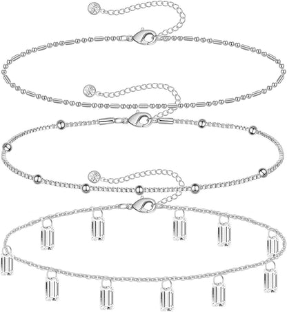 Gold Ankle Bracelets for Women 14K Gold Plated Anklet Silver Evil Eye Butterfly Star Rose Quartz Bead Box Paperclip Chain Dainty Layered Anklet Set 3Pcs Jewelry Gifts for Teen Girls Apparel & Accessories > Jewelry > Anklets Budding Gallery H-White Gold-CZ  