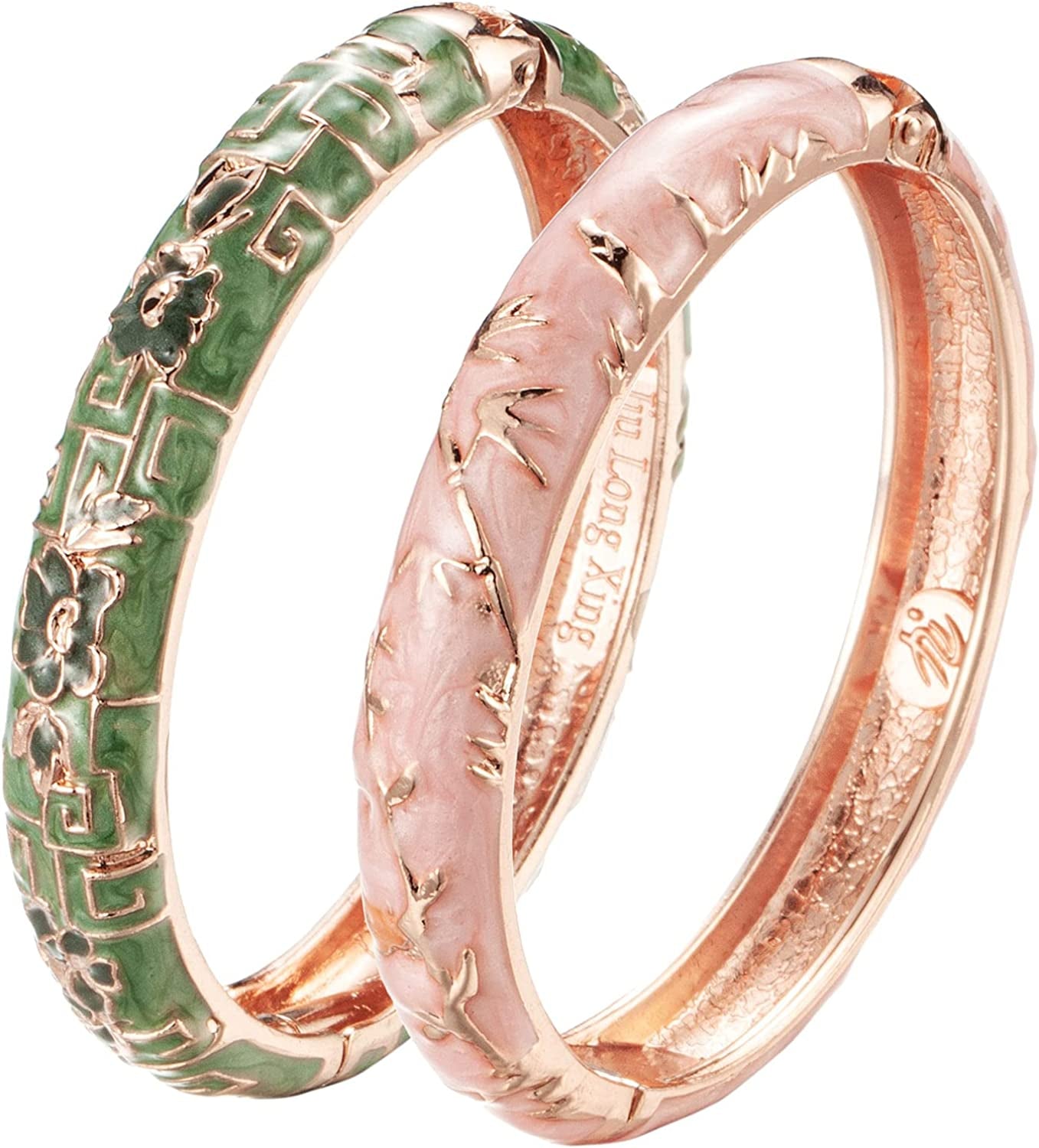 UJOY Cloisonne Bracelet Butterfly Gold Hinge Indian Cuff Bangle Enameled Jewelry Flower Bracelets for Women Gift Box 55A114 Apparel & Accessories > Jewelry > Bracelets UJOY 2 Pcs Set-A117-Green and Pink  